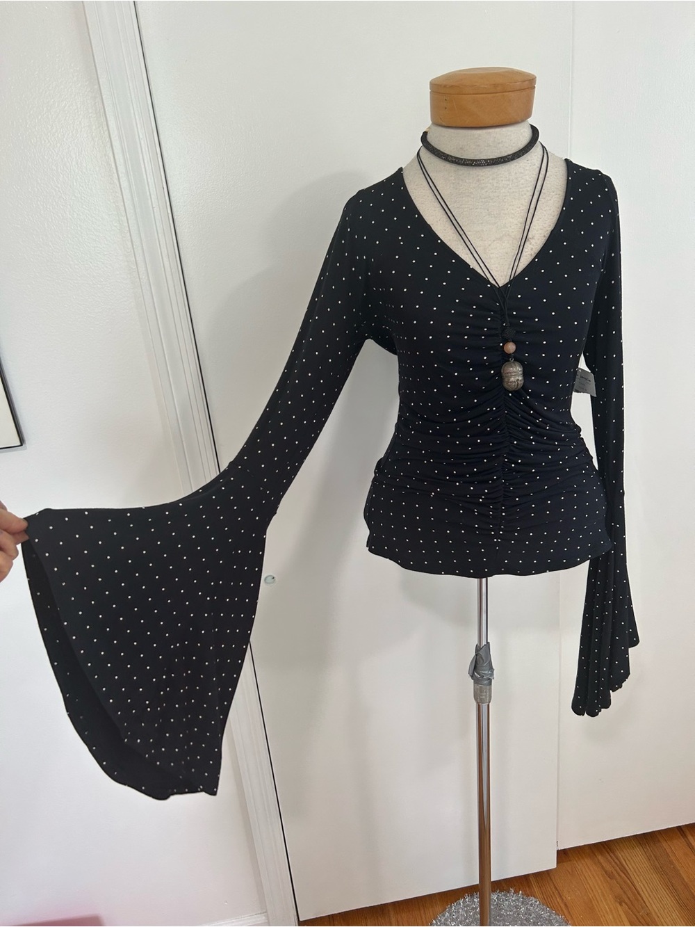Free People We The Free Sexy Polka Dot Long Bell Sleeves Ruched V-Neck Top NEW!